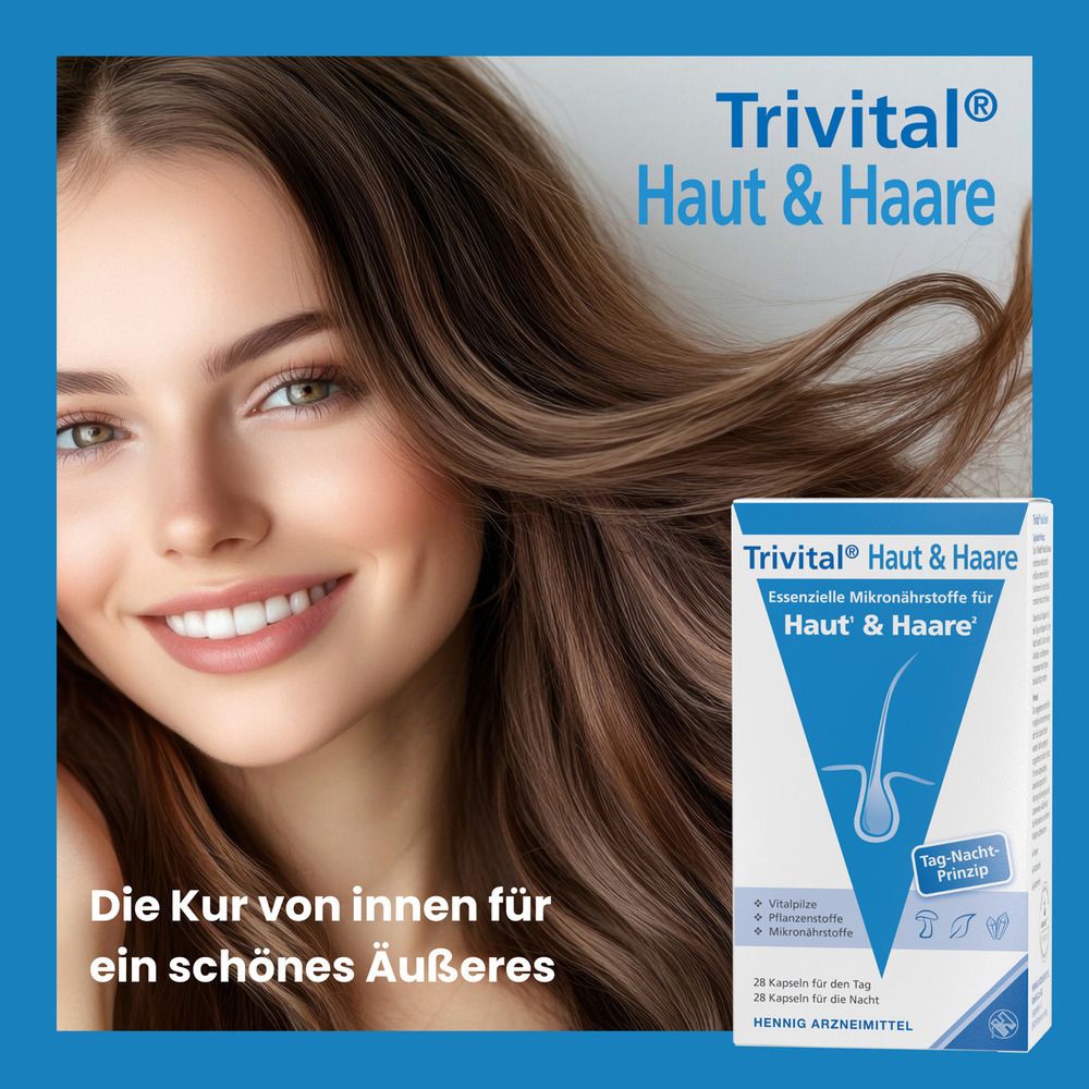 Frau mit braunen Haaren und Trivital® Haut & Haare Packung. Text: Die Kur von innen für ein schönes Äußeres.