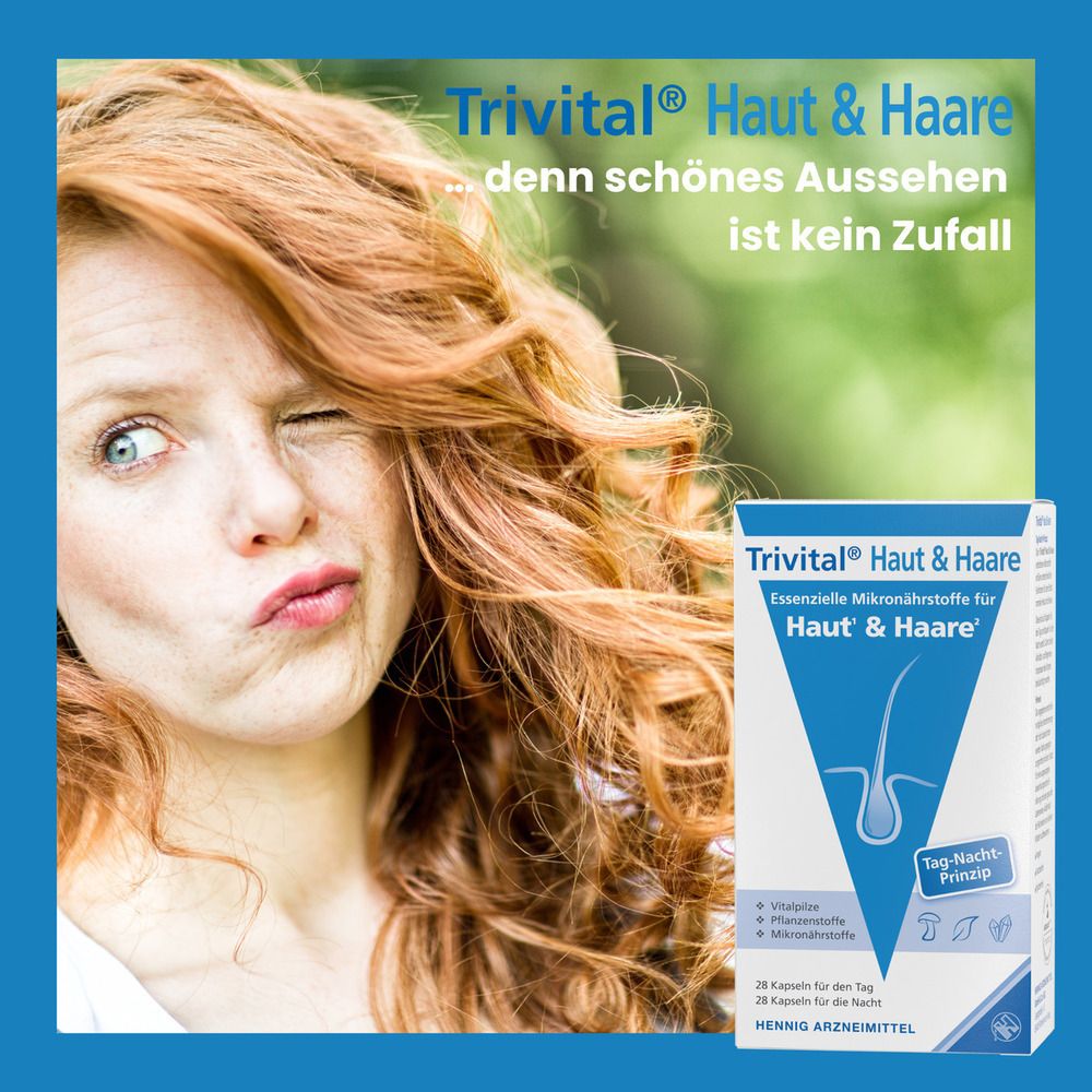 Frau mit roten Haaren und Trivital® Haut & Haare Packung. Text: ...denn schönes Aussehen ist kein Zufall.