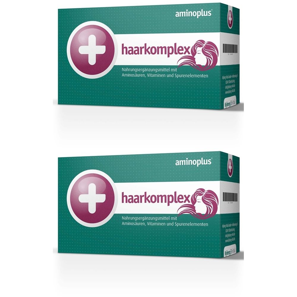 Zwei Schachteln aminoplus® haarkomplex. Grün-weißes Design mit Logo und Produktbezeichnung. Enthält Nahrungsergänzungsmittel.