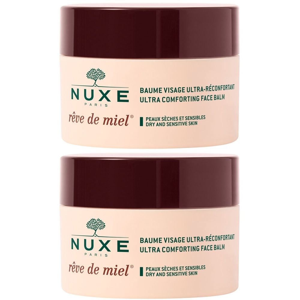 Zwei cremefarbene Tiegel mit braunen Deckeln. Aufschrift: NUXE, Rêve de Miel, Baume Visage Ultra-Réconfortant, Ultra Comforting Face Balm.