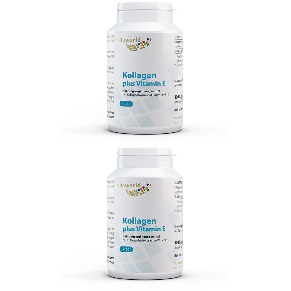 Zwei weiße Flaschen mit Schraubverschluss. Aufschrift: Kollagen plus Vitamin E. Marke: vitaworld. 100 Kapseln.