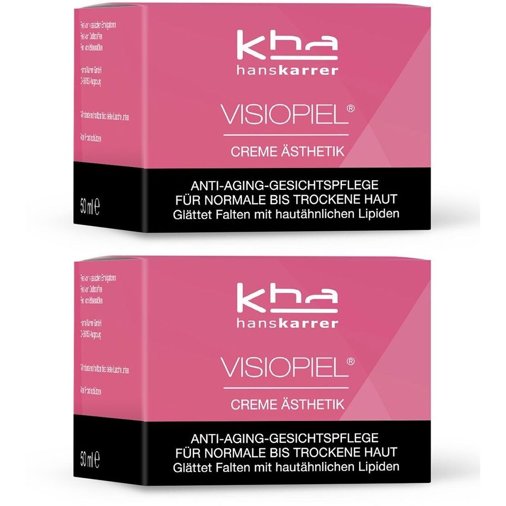 Zwei quadratische Verpackungen. Rosa und schwarze Farbgebung. Schriftzug: VISIOPIEL® Creme Ästhetik. Anti-Aging-Gesichtspflege.