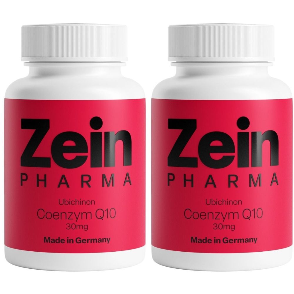 Zwei weiße Flaschen mit rotem Etikett. Aufschrift: Zein Pharma, Coenzym Q10, 30mg. Hergestellt in Deutschland.