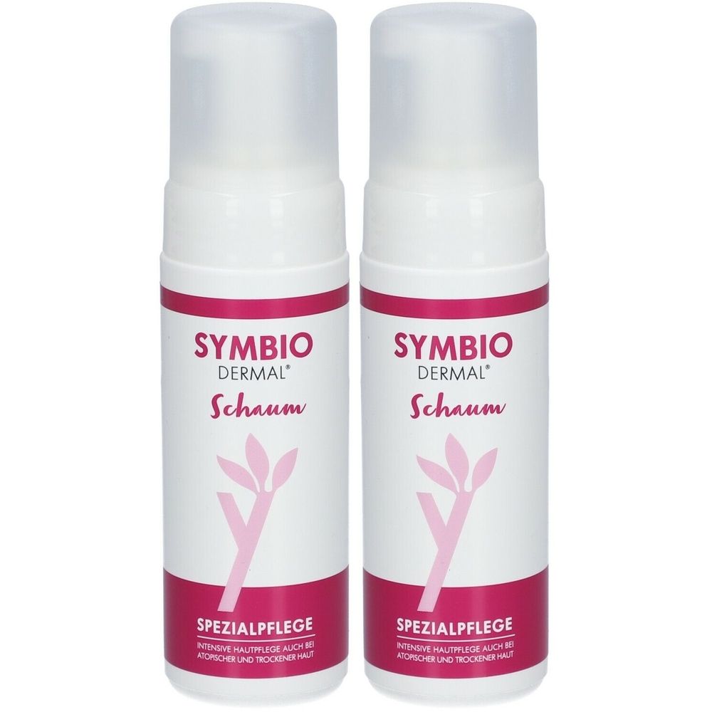 Zwei weiße Schaumflaschen mit rosa Etiketten. Aufschrift: SYMBIO DERMAL Schaum, Spezialpflege. Logo mit Blättern.