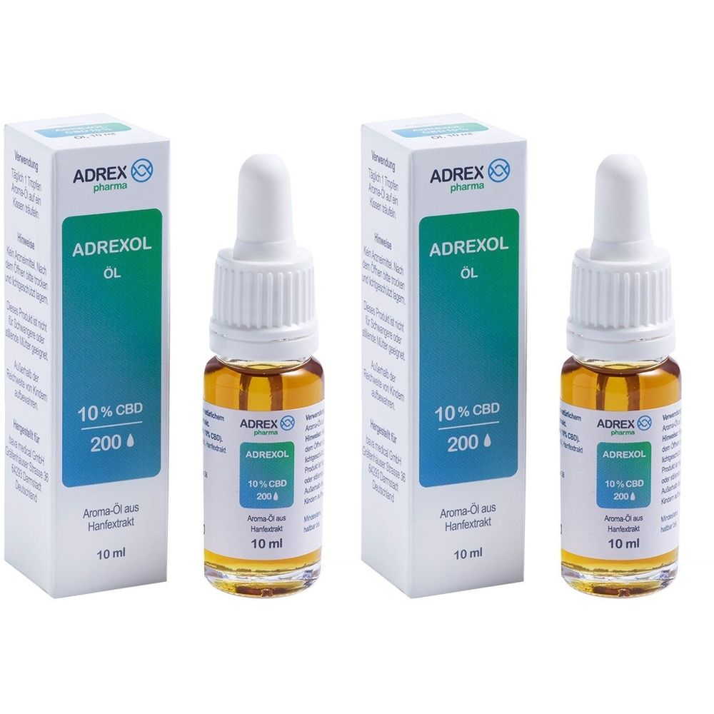 Zwei Flaschen und zwei Verpackungen. Aufschrift: ADREXOL, 10% CBD, 200. Aroma-Öl. 10 ml.