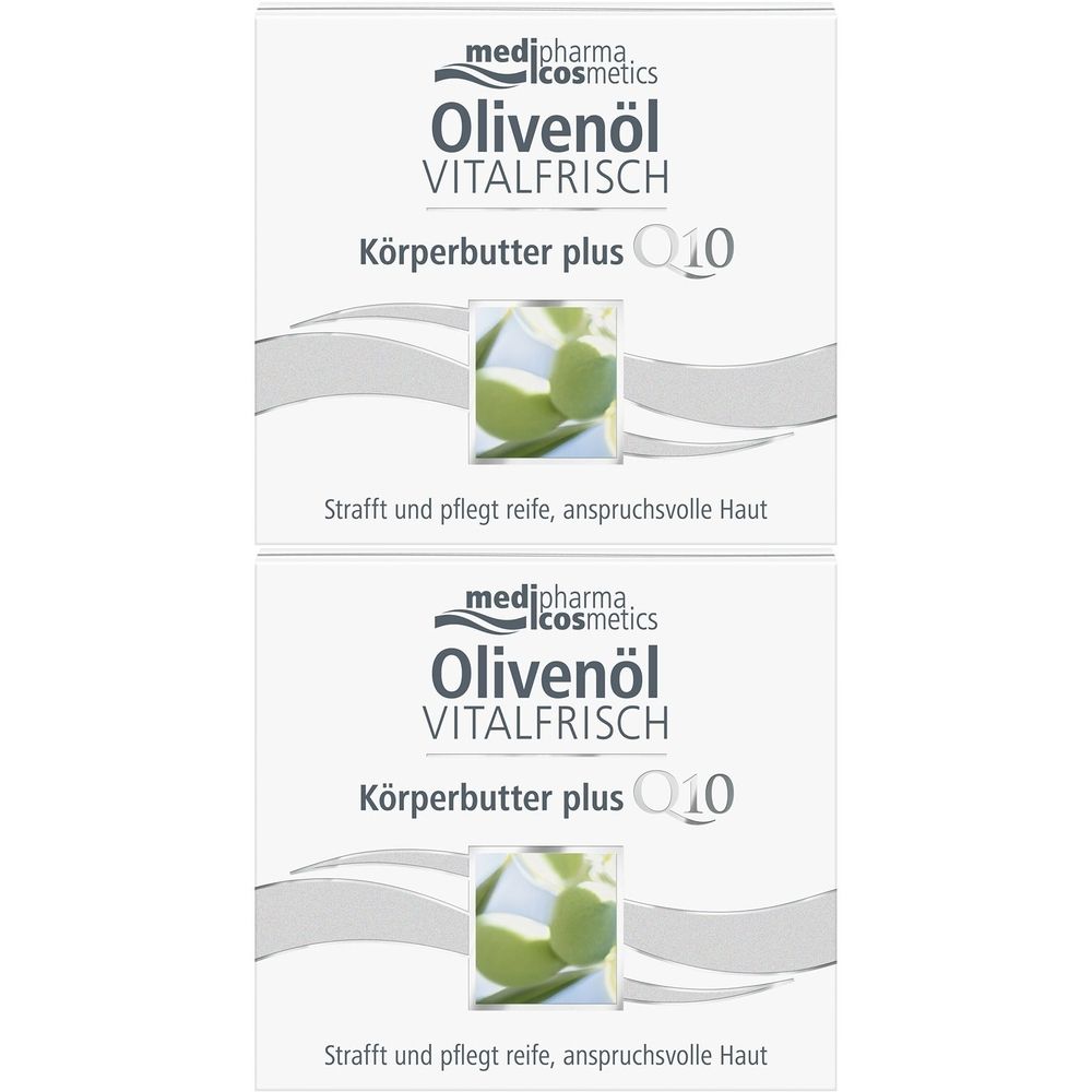 Zwei weiße Verpackungen mit Produktnamen Olivenöl Vitalfrisch. Text: Körperbutter plus Q10. Abbildung von Oliven. Text: Strafft und pflegt reife Haut.