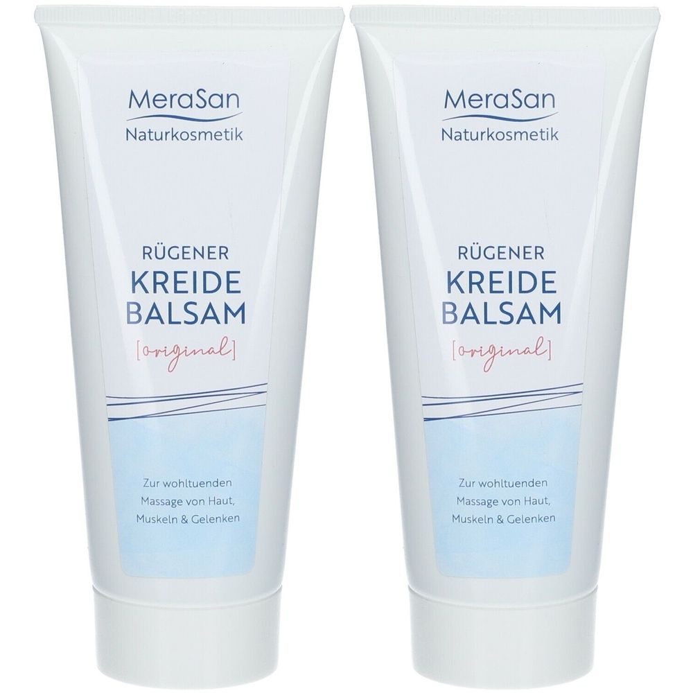 Zwei weiße Tuben mit Produktnamen und Text. Aufschrift: Rügener Kreide Balsam. Marke: MeraSan Naturkosmetik.