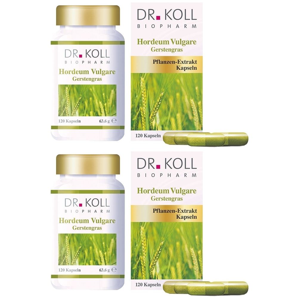 Zwei Flaschen und zwei Schachteln mit Kapseln. Aufschrift: DR. KOLL, Hordeum Vulgare Gerstengras. Auf den Schachteln: Pflanzen-Extrakt Kapseln.