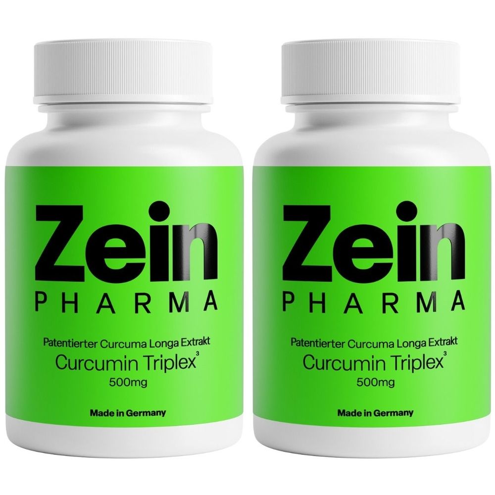 Zwei weiße Flaschen mit grünen Etiketten. Aufschrift: Zein Pharma, Curcumin Triplex, 500mg. Hergestellt in Deutschland.