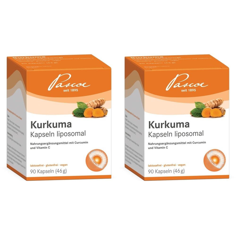 Zwei orangefarbene Kartons mit dem Produktnamen „Kurkuma Kapseln liposomal“. Aufdrucke: Marke, Produktabbildung, Inhaltsstoffe, 90 Kapseln.