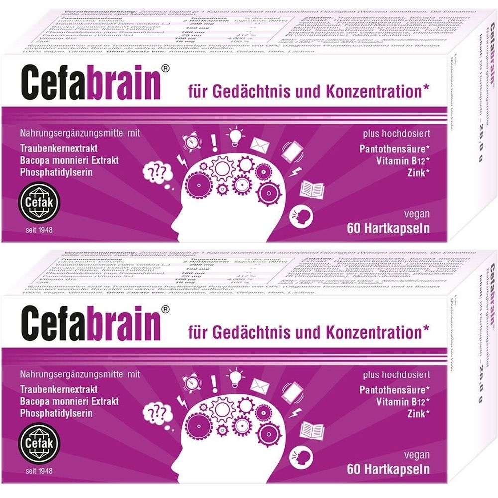 Zwei Packungen Cefabrain. Aufschrift: für Gedächtnis und Konzentration. Enthält Nahrungsergänzungsmittel. 60 Hartkapseln, vegan. Marke Cefak.