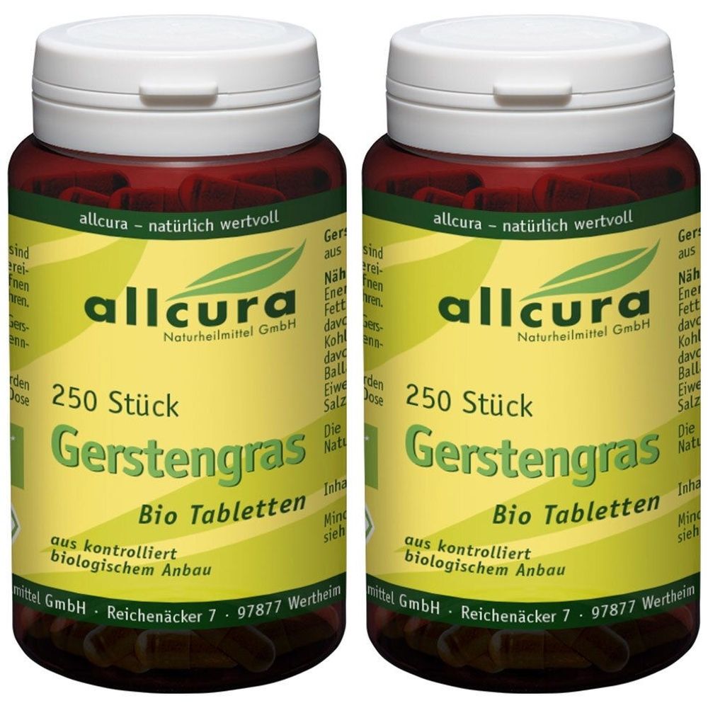 Zwei braune Flaschen mit weißen Deckeln. Aufschrift: allcura Gerstengras Bio Tabletten, 250 Stück. Grünes Etikett mit Logo.