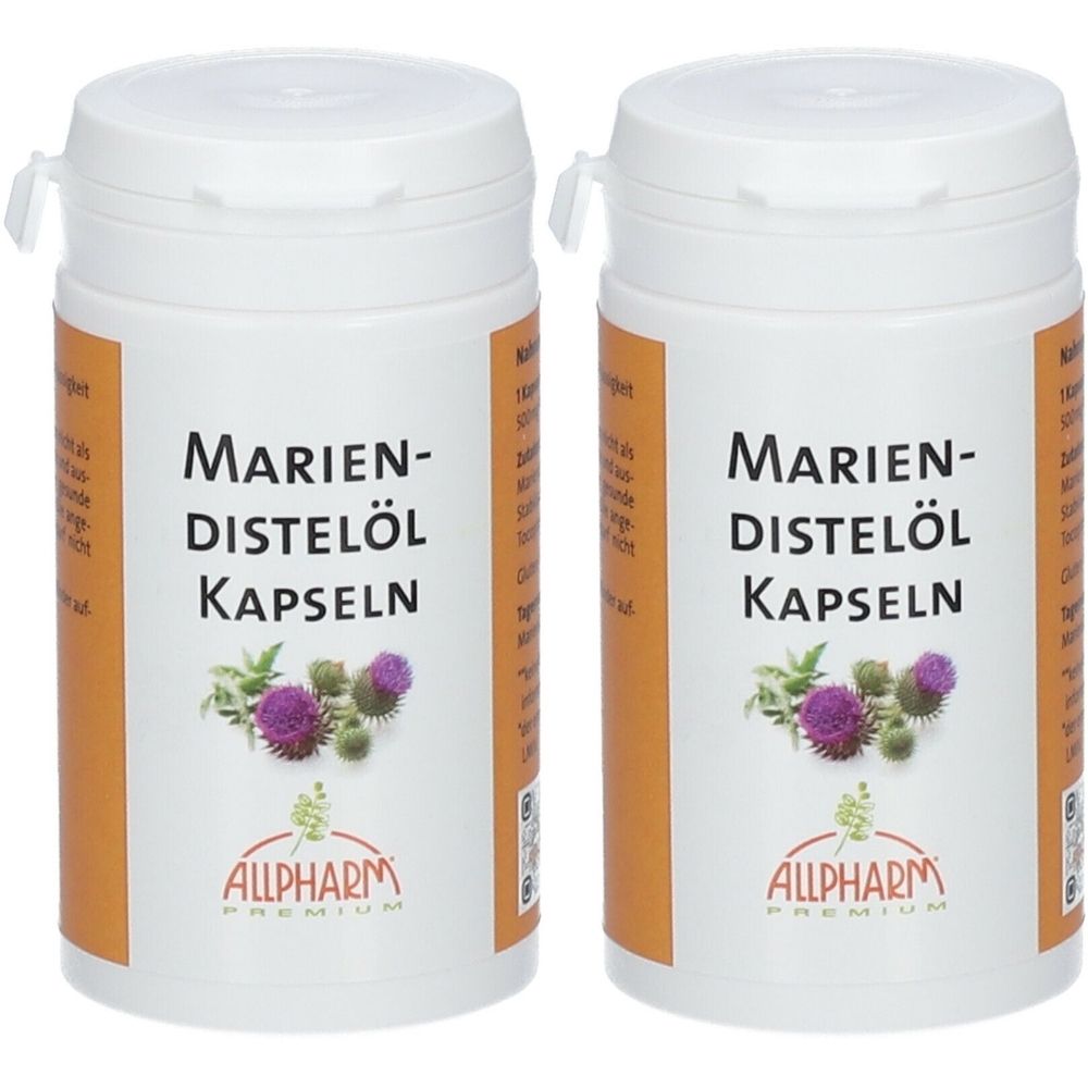 Zwei weiße Pillendosen mit Deckel. Aufschrift: Mariendistelöl Kapseln. Darunter Logo von ALLPHARM. Aufdrucke in Orange.