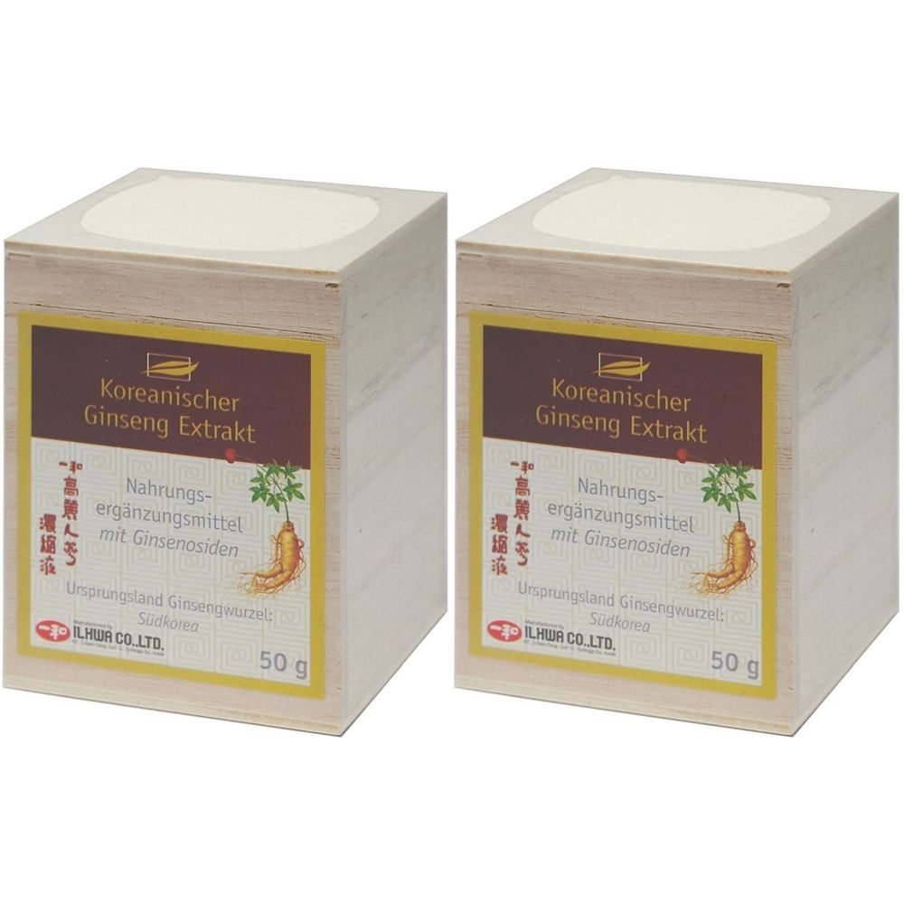 Zwei quadratische Holzboxen mit Etikett. Aufschrift: Koreanischer Ginseng Extrakt. 50 g. Nahrungsergänzungsmittel.