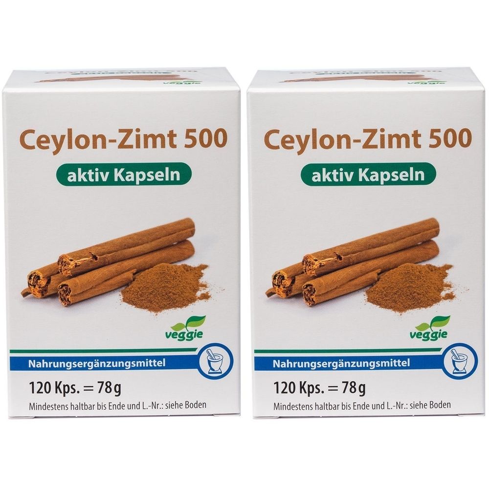 Zwei weiße Kartons mit Ceylon-Zimt 500 aktiv Kapseln. Abbildung von Zimtstangen und Pulver. 120 Kps. = 78g.