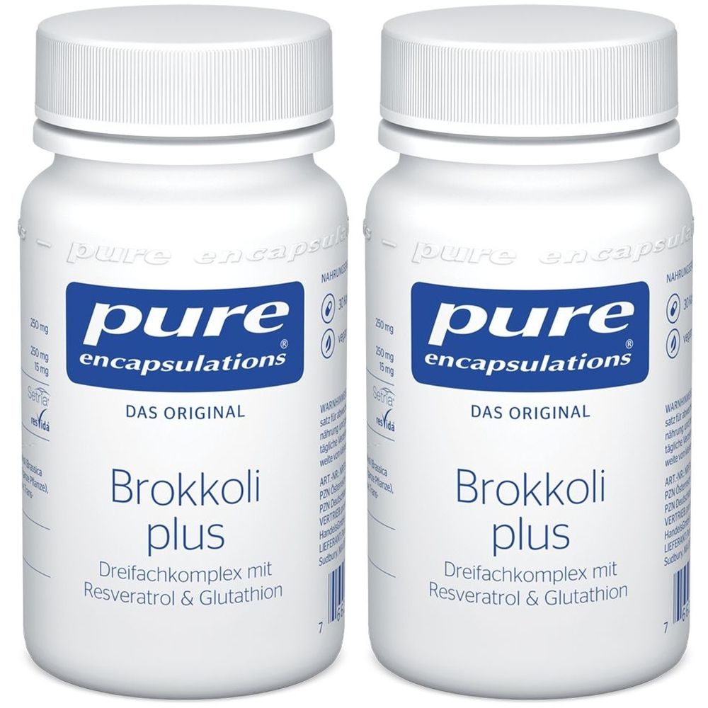 Zwei weiße Flaschen mit blauen Etiketten. Aufschrift: pure encapsulations, Brokkoli plus. Dreifachkomplex mit Resveratrol & Glutathion.