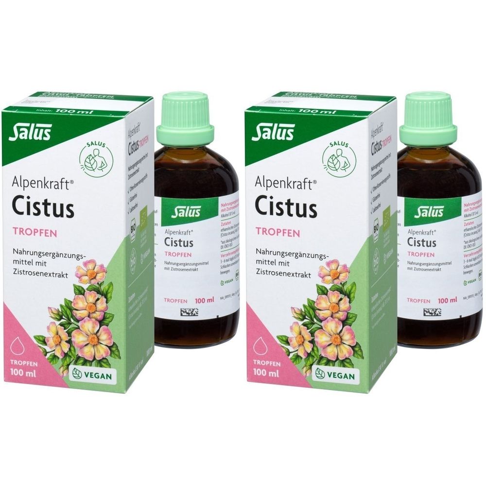 Mehrere Flaschen und Kartons mit Salus Alpenkraft Cistus Tropfen. Flaschen mit grünen Deckeln, Kartons mit floralem Design und Produktinformationen.