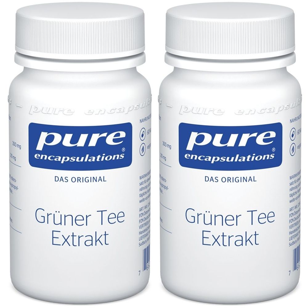 Zwei weiße Flaschen mit blauen Etiketten. Aufschrift: pure encapsulations, Grüner Tee Extrakt. Kapseln.