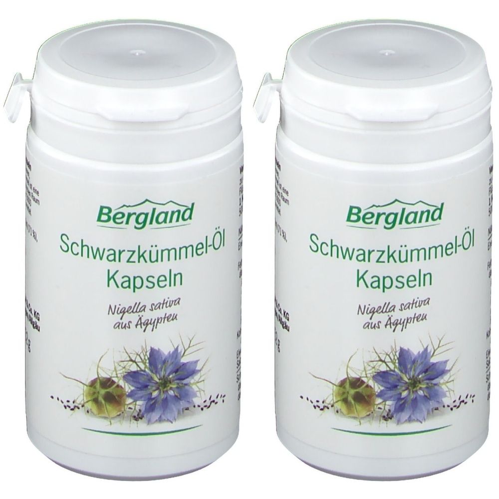 Zwei weiße Kunststoffdosen mit Schraubverschluss. Aufschrift: Bergland Schwarzkümmel-Öl Kapseln. Abbildung von Nigella sativa.