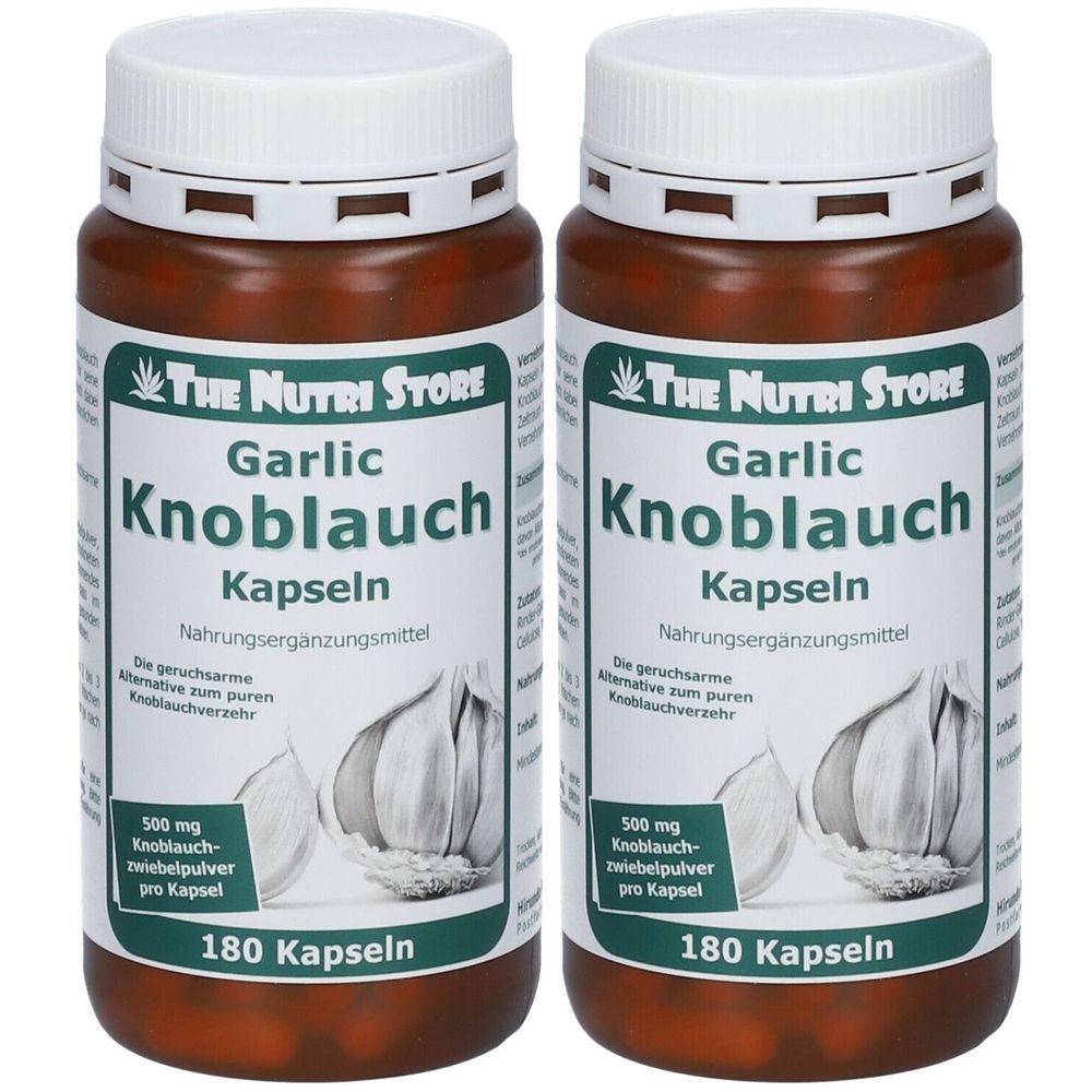 Zwei braune Flaschen mit weißen Deckeln. Auf den Etiketten steht "Garlic Knoblauch Kapseln" und "180 Kapseln".