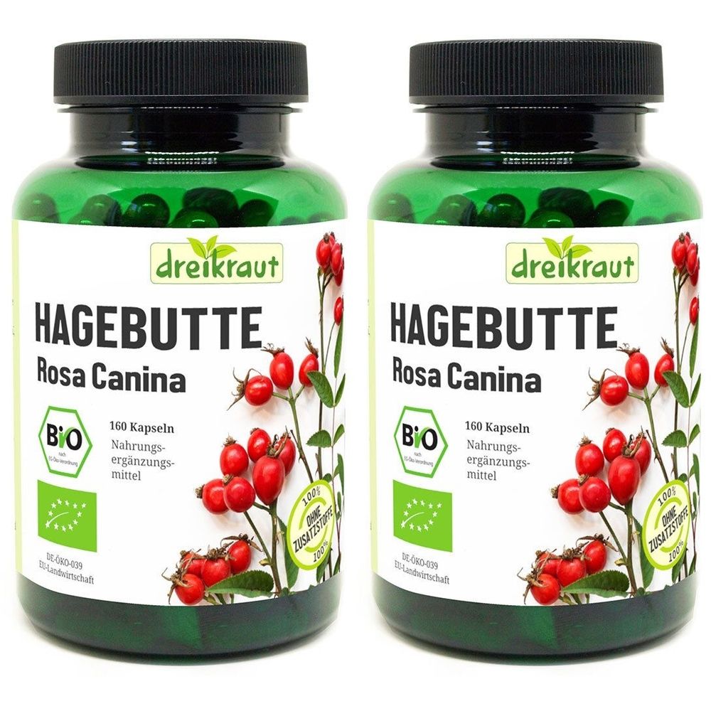 Zwei grüne Glasflaschen mit schwarzen Deckeln. Aufschrift: dreikraut, Hagebutte Rosa Canina, BIO-Siegel. Abbildung von Hagebutten.