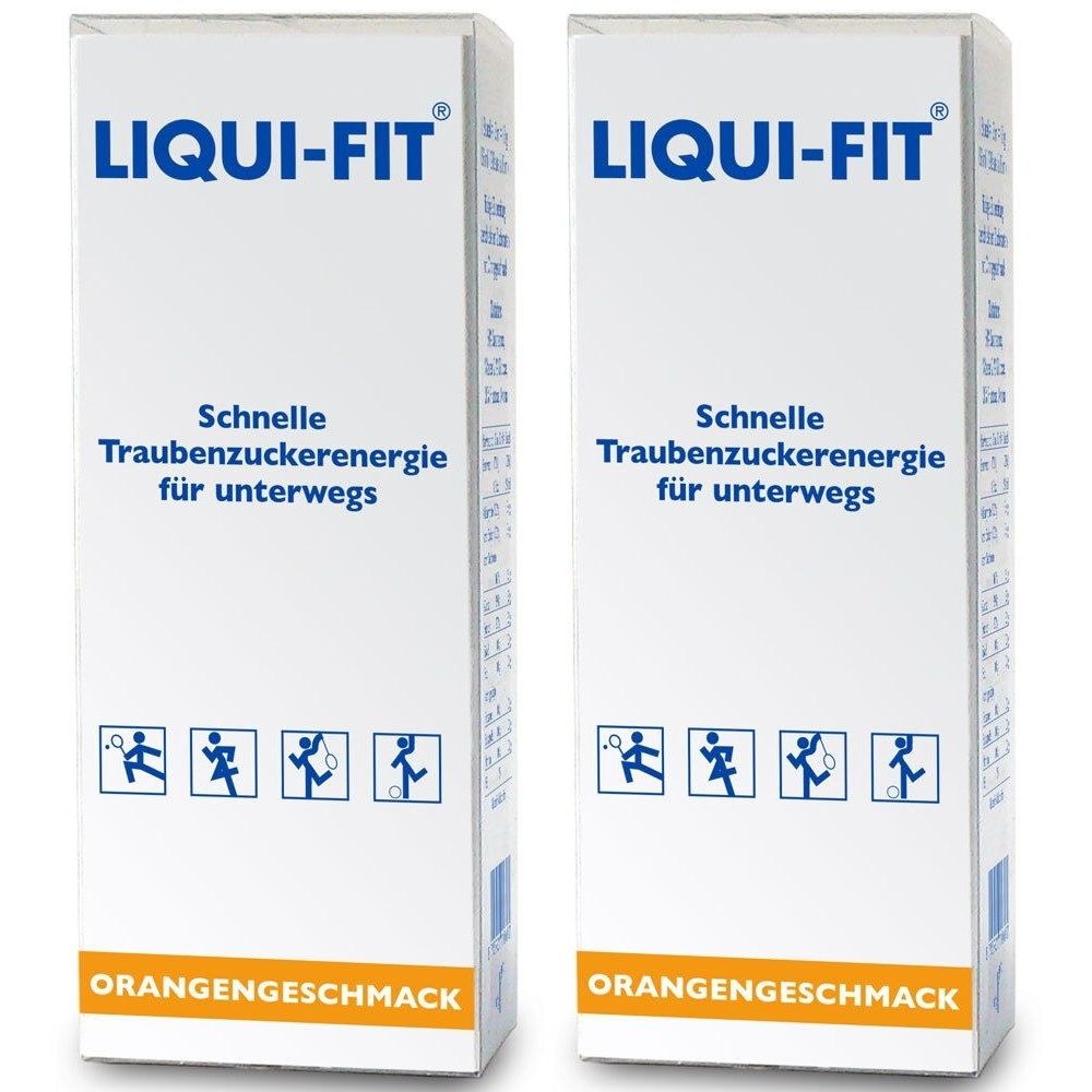 Zwei weiße Kartons mit LIQUI-FIT-Logo und Text. Aufschrift: Schnelle Traubenzuckerenergie für unterwegs. Orangengeschmack. Sport-Piktogramme.