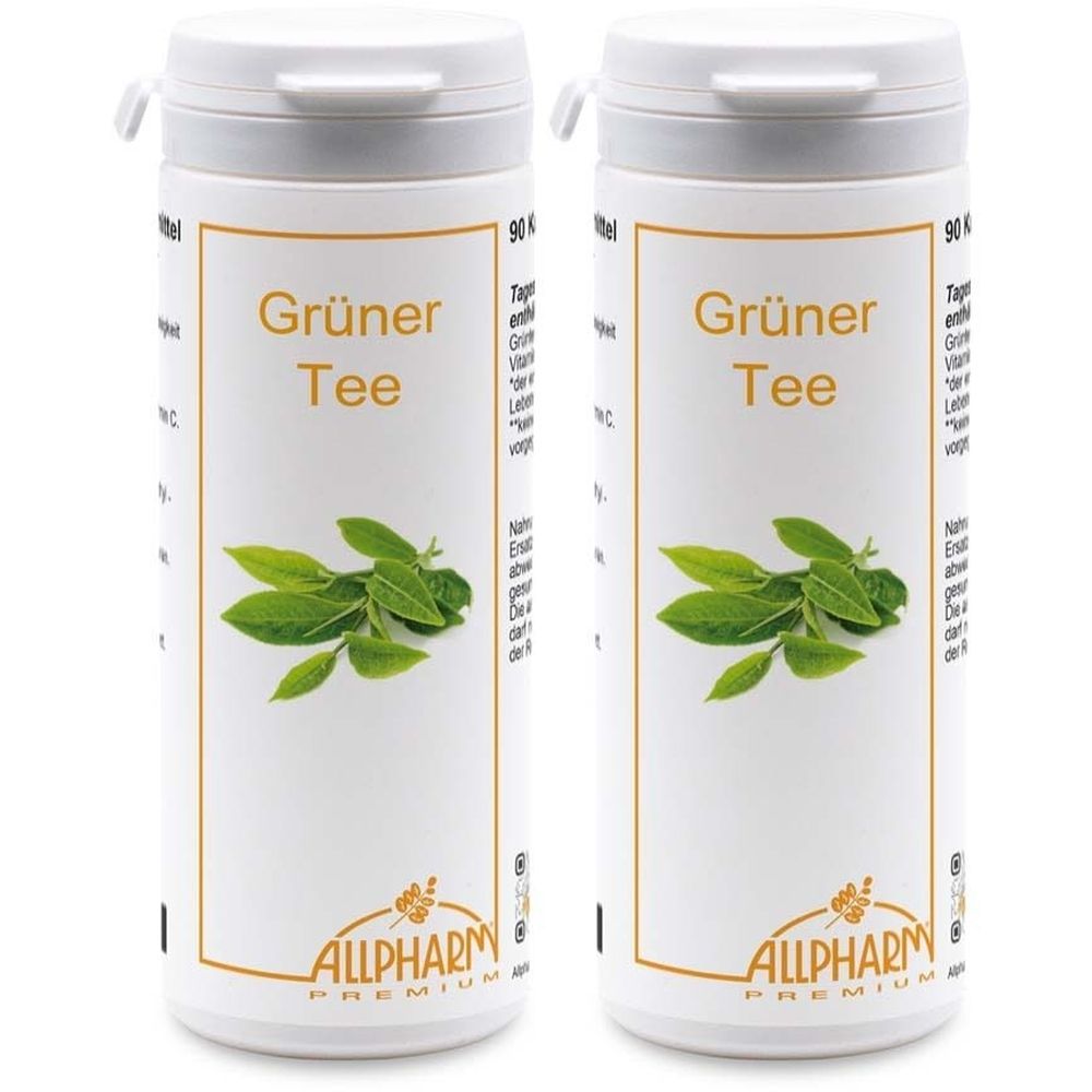 Zwei weiße Flaschen mit dem Aufdruck "Grüner Tee" und einem grünen Blattmotiv. Marke: ALLPHARM PREMIUM.