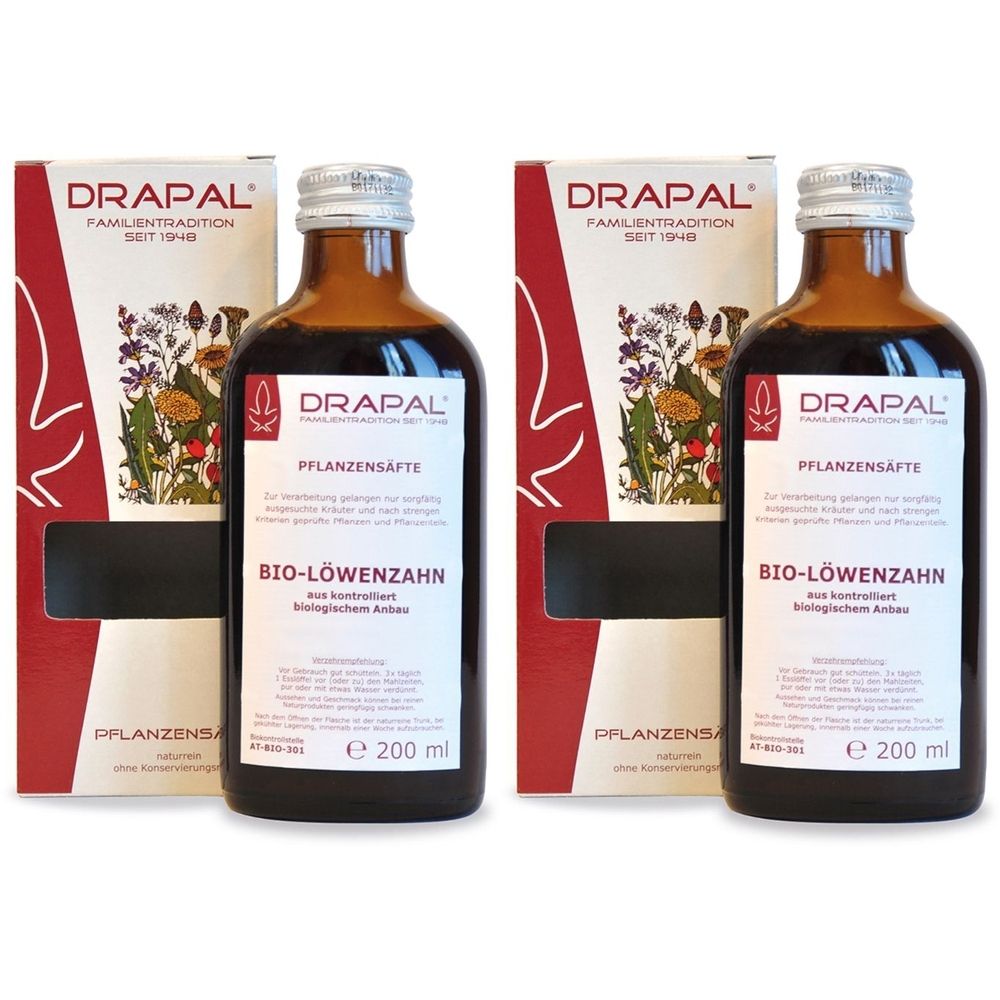 Zwei Flaschen mit braunem Saft und Etikett. Karton mit Logo und Schriftzug. Aufschrift: BIO-Löwenzahn.