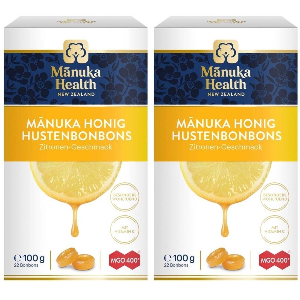 Zwei Packungen Hustenbonbons. Aufdruck: Mānuka Health, Honig, Zitrone, MGO 400, 100g, 22 Bonbons. Abbildung: Zitrone.