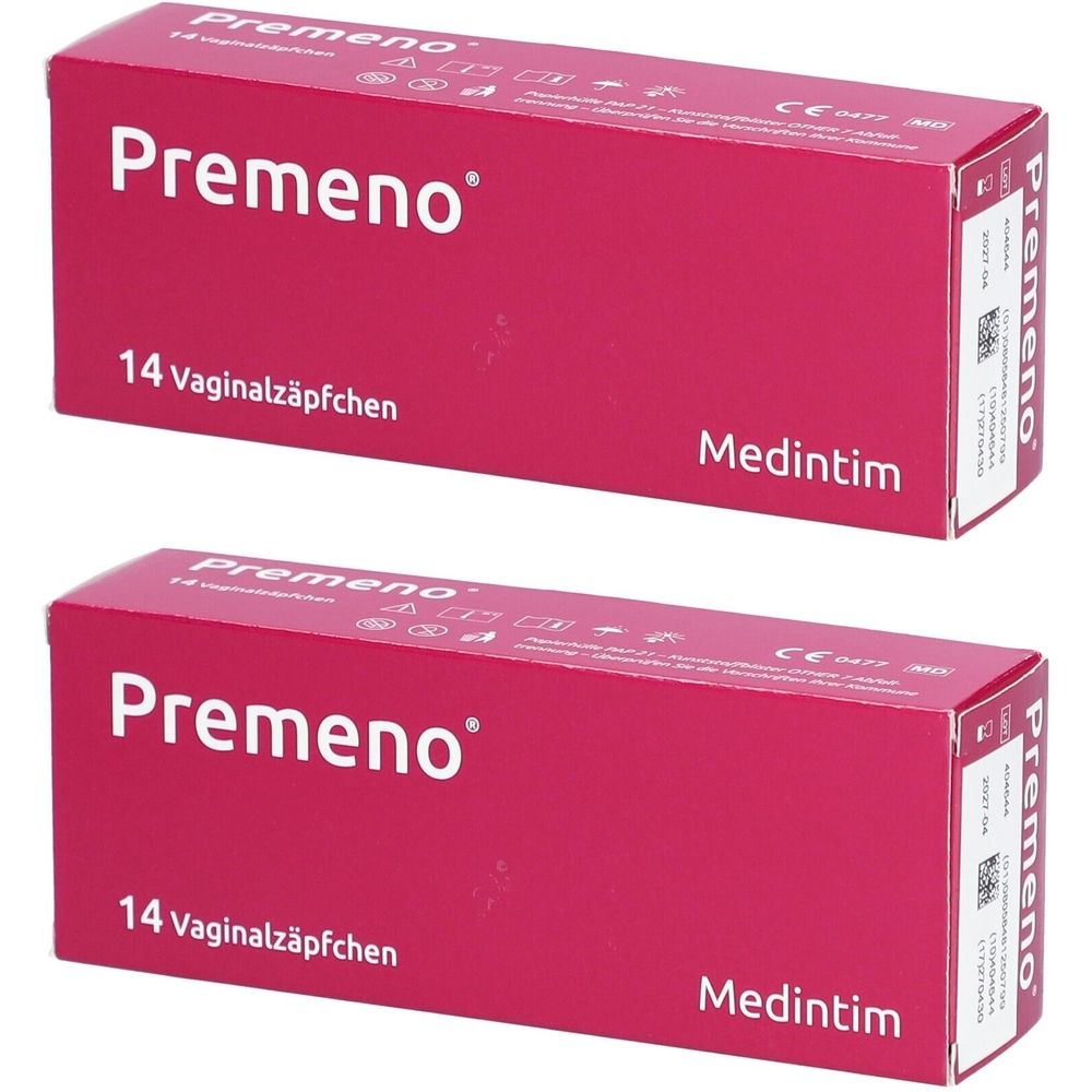 Zwei Packungen Premeno® Vaginalzäpfchen. Rosa Kartons mit weißer Schrift. Aufschrift: 14 Vaginalzäpfchen. Hersteller: Medintim.