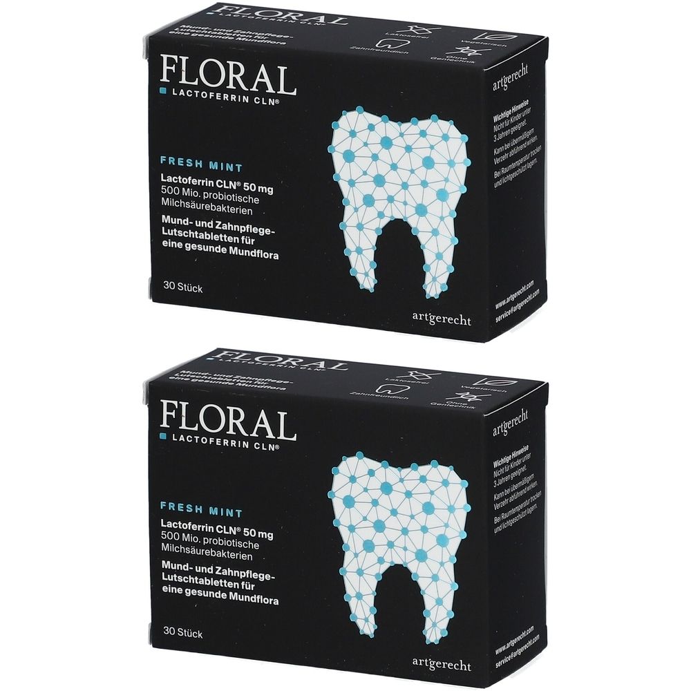 Zwei schwarze Schachteln mit FLORAL Lactoferrin CLN. Aufschrift: FRESH MINT, Lutschtabletten für gesunde Mundflora. Abbildung eines Zahns.