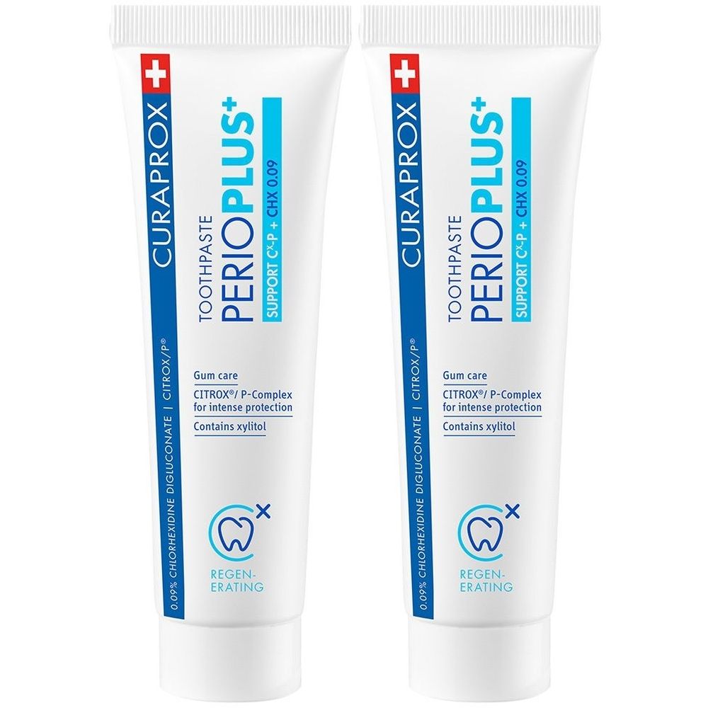 Zwei Tuben Curaprox Perioplus+ Zahnpasta. Weiß, blaue Schrift. Enthält Chlorhexidin und Xylitol. Mit Logo und Text.