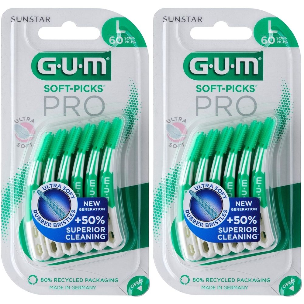 Zwei Packungen GUM Soft-Picks Pro Large. Jede Packung enthält 60 Interdentalbürsten. Grüne Borsten, weiße Griffe, transparente Verpackung.
