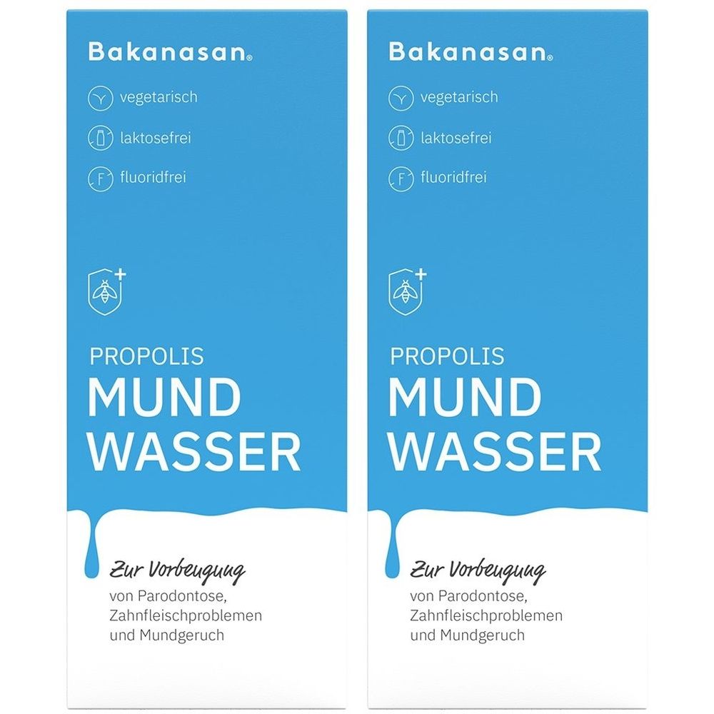 Zwei Flaschen Bakanasan Propolis Mundwasser. Blaue Etiketten mit Produktnamen, Inhaltsangaben und Logos.