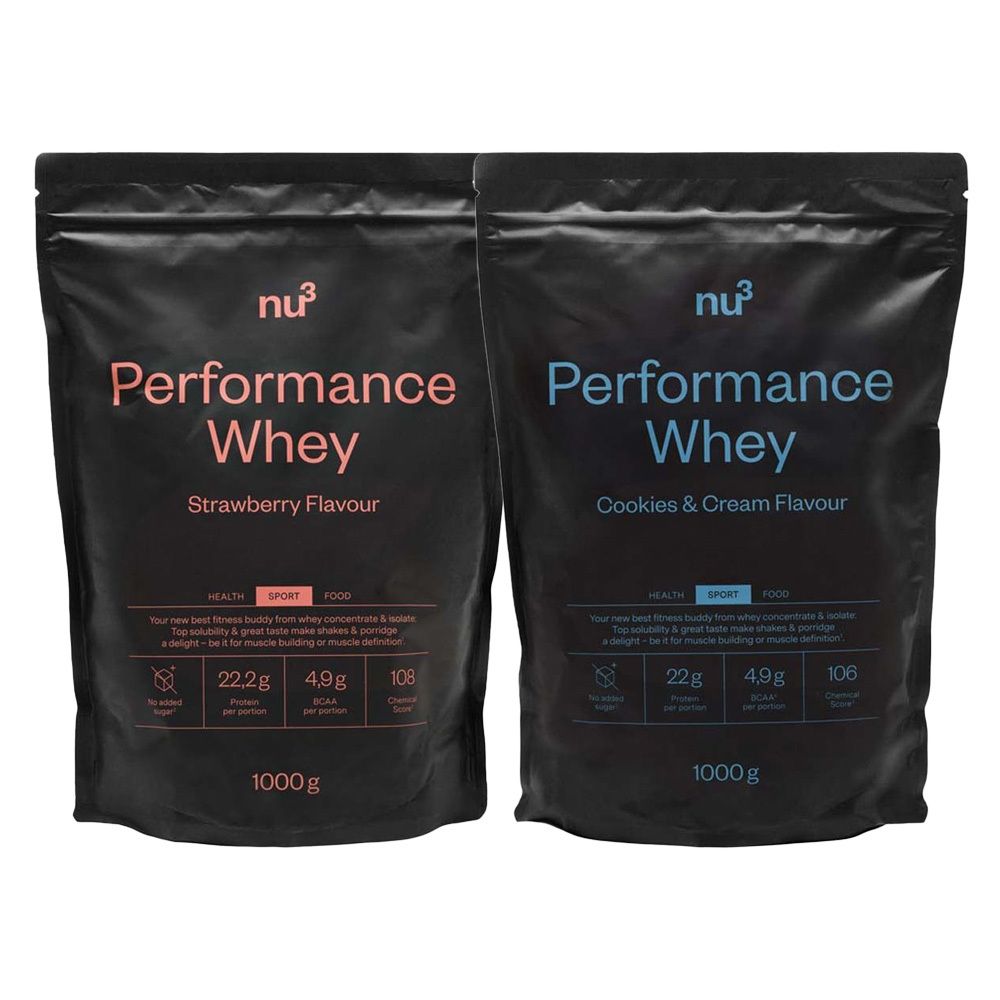 Zwei Beutel nu3 Performance Whey. Erdbeer- und Cookies & Cream-Geschmack. Schwarze Verpackung mit Produktnamen und Nährwertangaben.