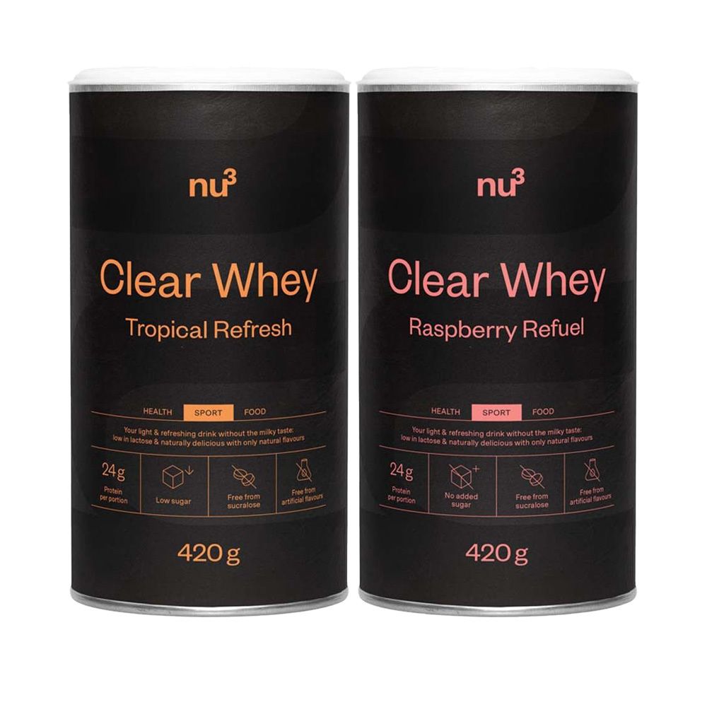 Zwei Dosen nu3 Clear Whey. Links: Tropical Refresh, rechts: Raspberry Refuel. Beide mit Logo, Produktname, und Inhaltsangaben.