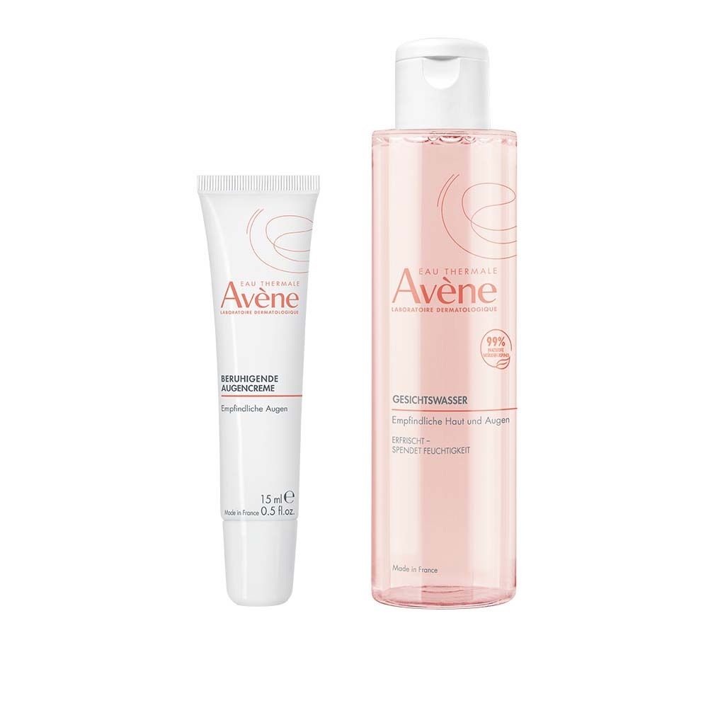 Zwei Produkte: eine rosa Flüssigkeit in einer Flasche und eine weiße Tube. Beide tragen den Markennamen Avène. Aufschrift: Augencreme.
