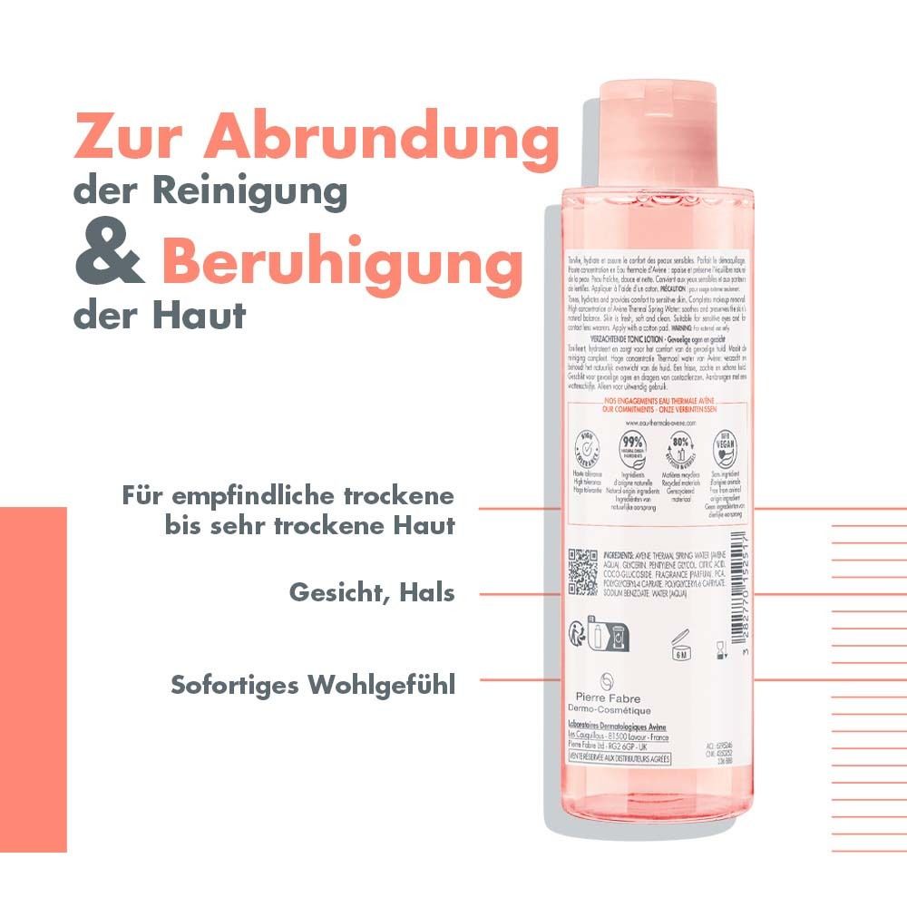 Rückseite der Gesichtswasser-Flasche. Text: Für empfindliche trockene bis sehr trockene Haut. Gesicht, Hals. Illustrationen und Qualitätszeichen.