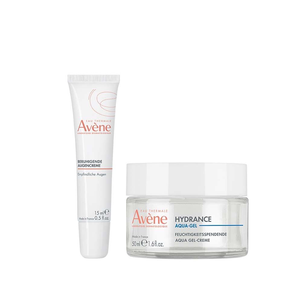 Zwei Kosmetikprodukte: eine Creme in einem Tiegel und eine Augencreme in einer Tube. Beide tragen das Logo von Avène.