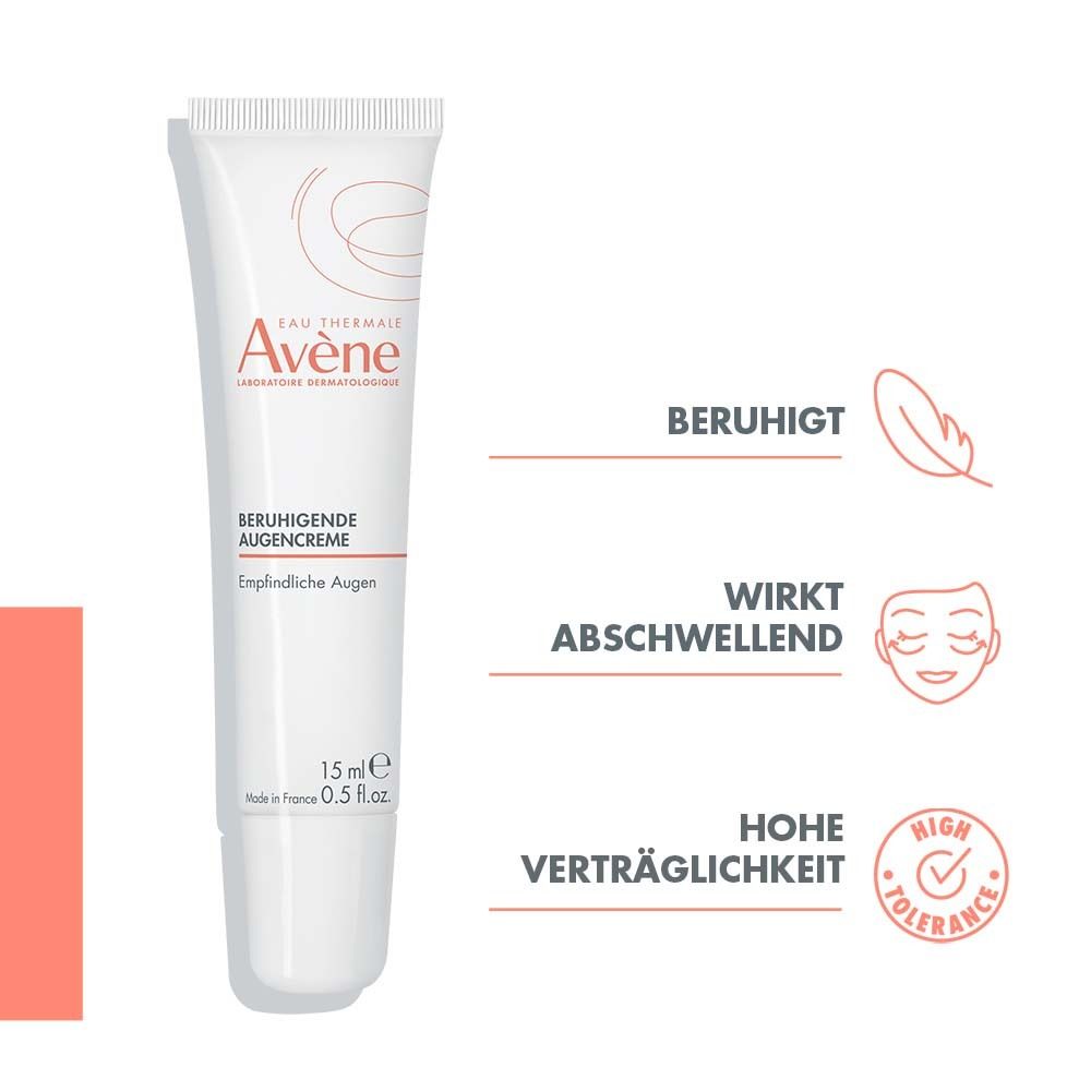 Tube mit Augencreme. Text: Beruhigt, wirkt abschwellend, hohe Verträglichkeit. Logo und Produktname.