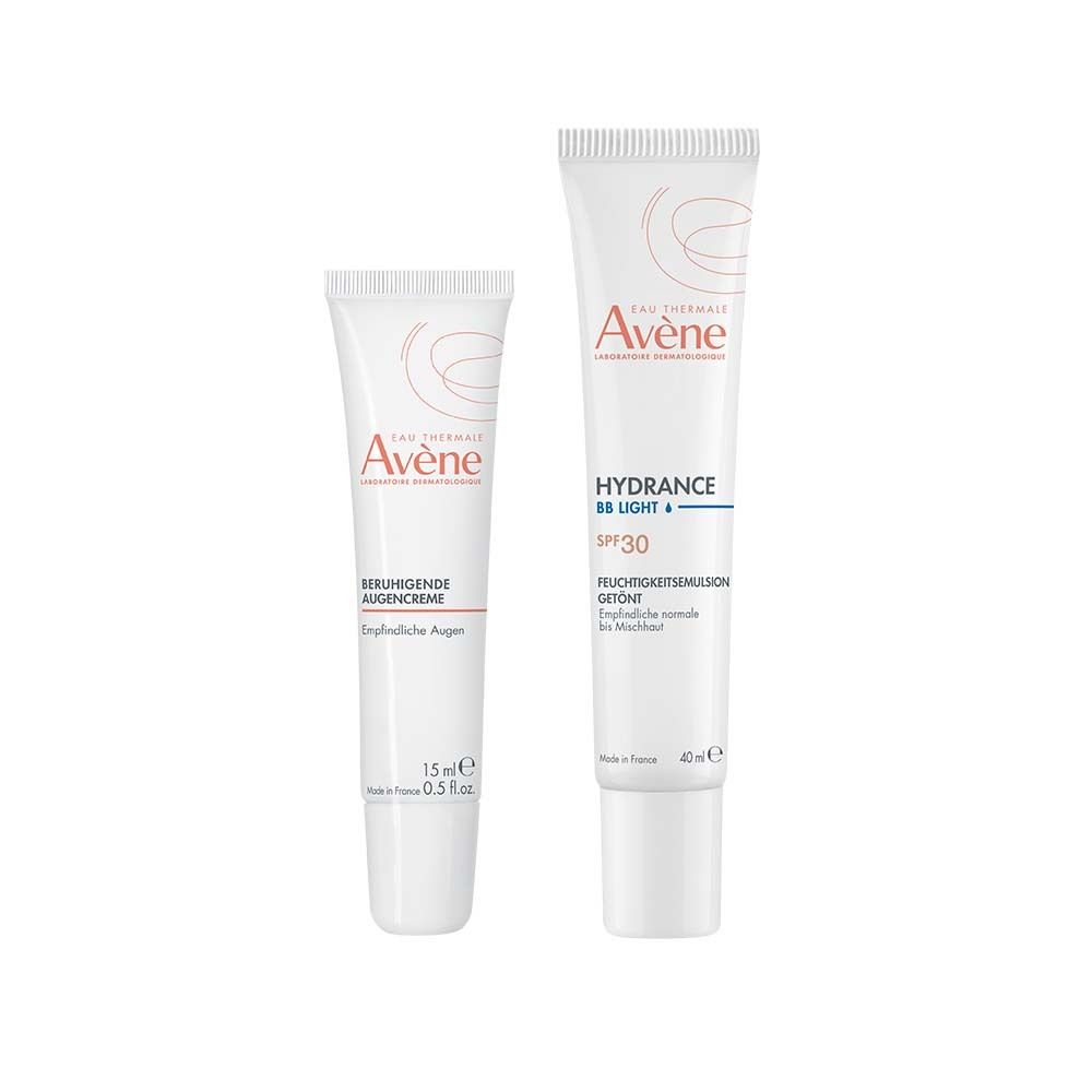 Zwei weiße Tuben. Links: Avène Hydrance BB Light, SPF30. Rechts: Avène Beruhigende Augencreme. Beide mit rotem Logo.
