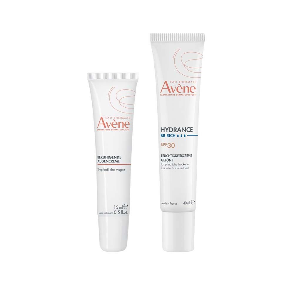 Zwei Tuben Avène-Creme. Links: Hydrance BB Rich, getönte Feuchtigkeitspflege, LSF 30. Rechts: Beruhigende Augencreme. Beide weiß mit rotem Logo.