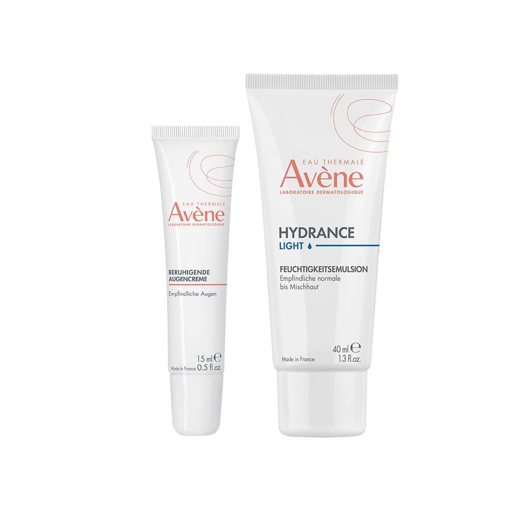 Zwei Tuben Avène-Produkte. Links: Hydrance Light Feuchtigkeitsemulsion, 40 ml. Rechts: Beruhigende Augencreme, 15 ml. Beide weiß mit roter Schrift.