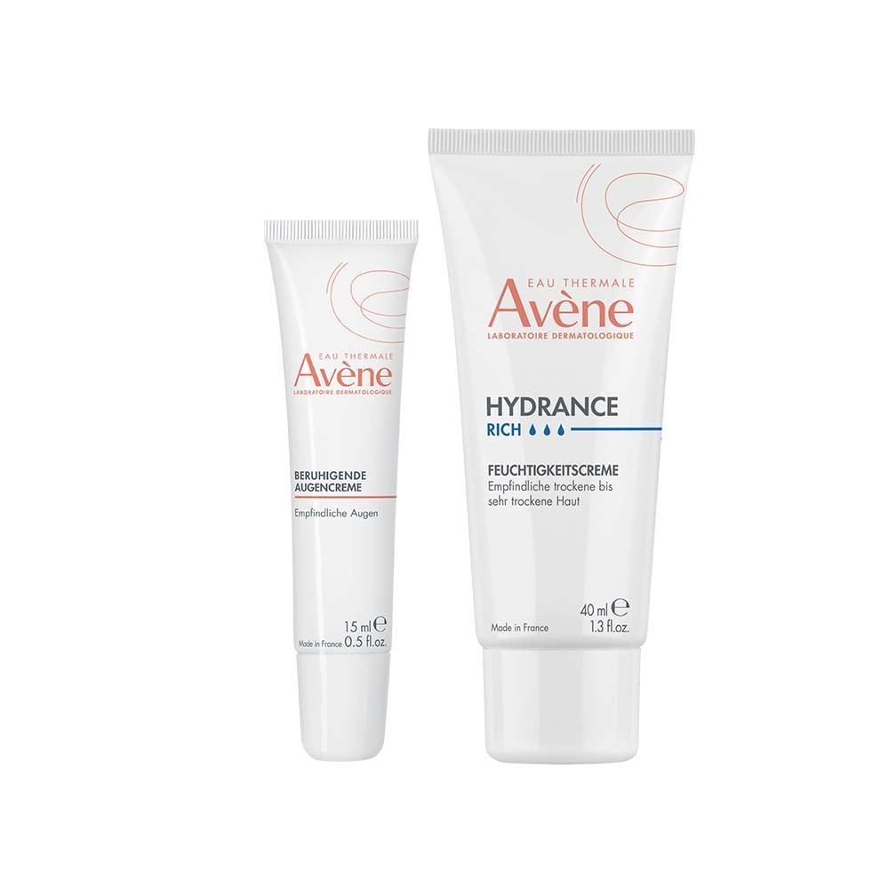 Zwei Tuben Avène-Creme. Eine größere Tube mit „Hydrance Rich“. Eine kleinere Tube mit „Beruhigende Augencreme“. Beide weiß mit rotem Logo.