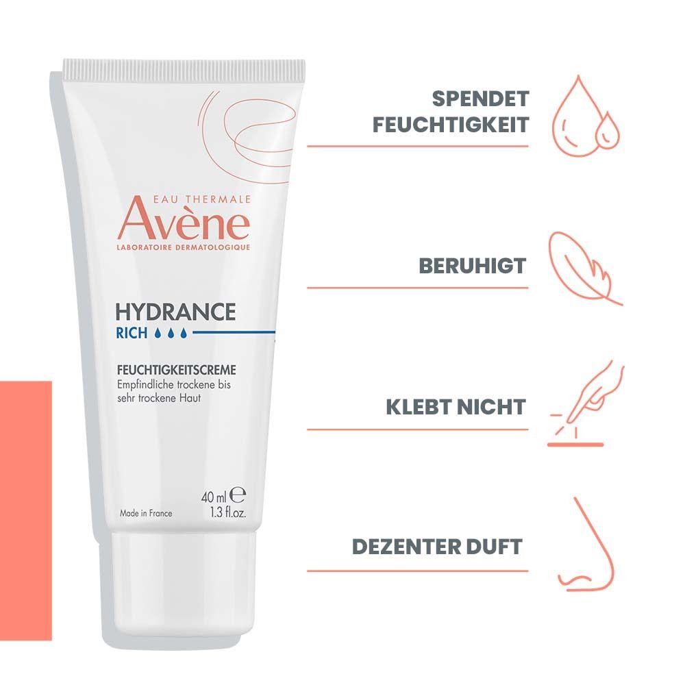 Weiße Tube Avène Hydrance reichhaltige Feuchtigkeitscreme, 40 ml. Text: Spendet Feuchtigkeit, beruhigt. Illustrationen: Tropfen, Hand, Nase. Roter Hintergrund.