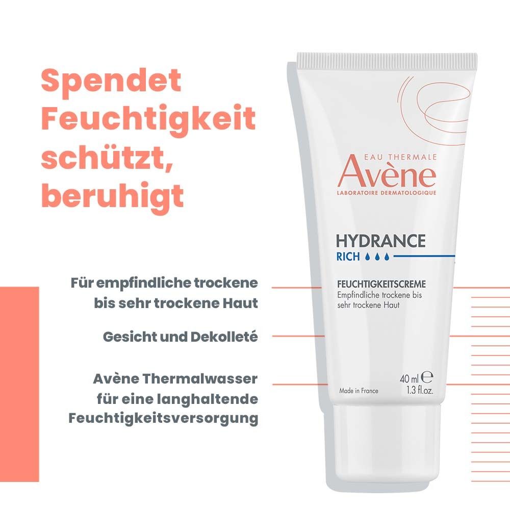 Weiße Tube Avène Hydrance reichhaltige Feuchtigkeitscreme, 40 ml. Text: Spendet Feuchtigkeit, schützt, beruhigt. Für trockene Haut. Roter Hintergrund.