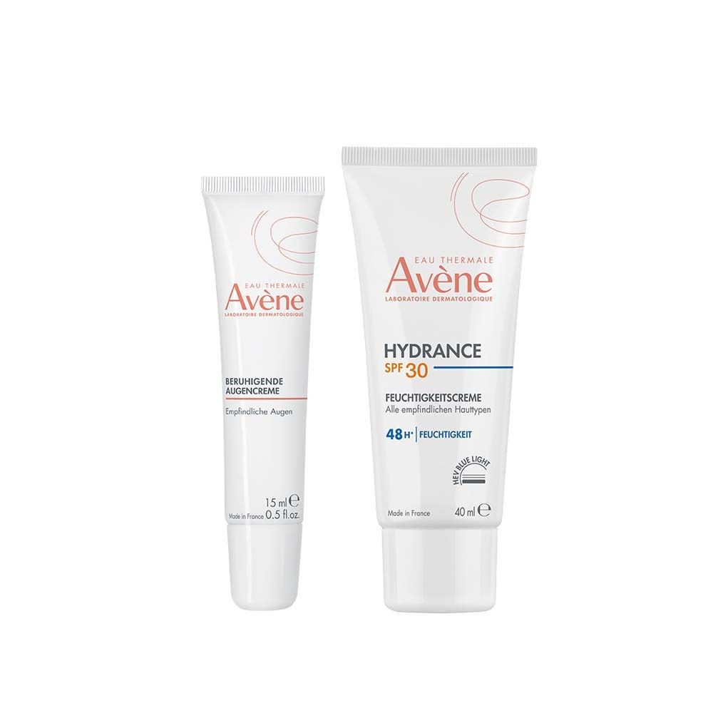 Zwei weiße Tuben. Links: Hydrance Feuchtigkeitscreme SPF 30, 40 ml. Rechts: Beruhigende Augencreme, 15 ml. Beide mit Logo und Produktnamen.