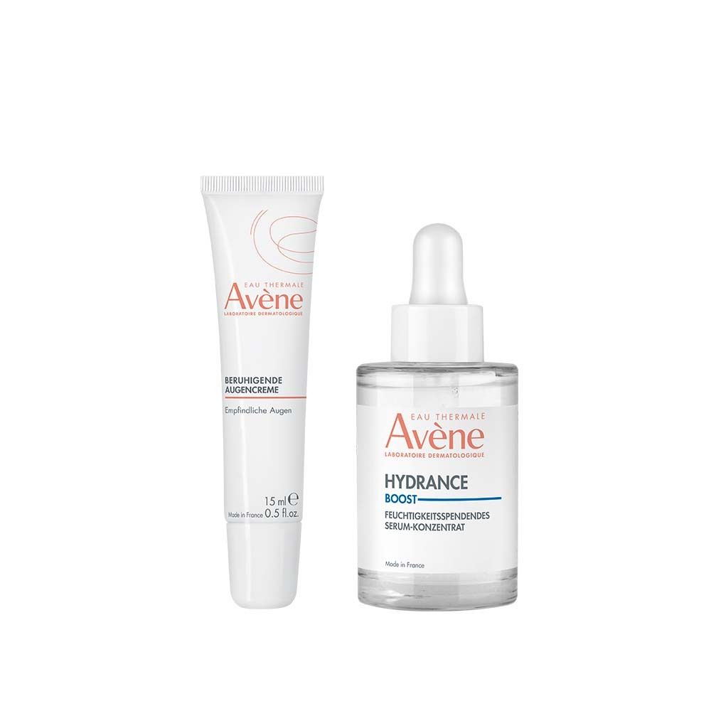 Zwei Kosmetikprodukte: Avène Hydrance Boost Serum und Augencreme. Serumflasche mit Pipette, Augencreme in Tube. Beide weiß mit Schriftzug.