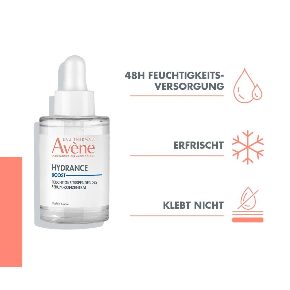 Serumflasche mit Pipette. Text: Hydrance Boost, Serum-Konzentrat. Illustrationen: Tropfen, Schneeflocke, Tropfen. Erfrischt, klebt nicht.