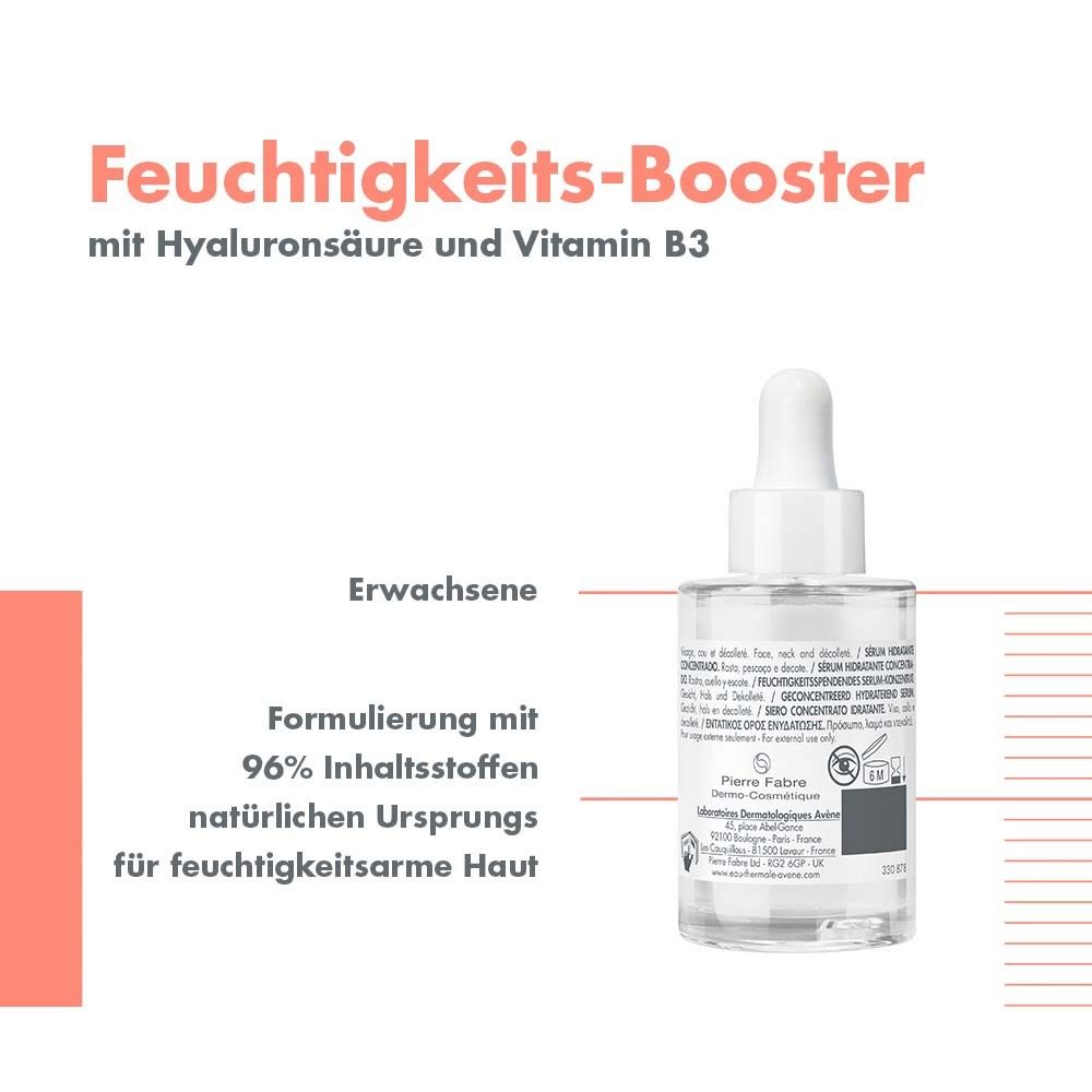 Serumflasche mit Pipette. Text: Feuchtigkeits-Booster mit Hyaluronsäure und Vitamin B3. Für Erwachsene. 96% Inhaltsstoffe natürlichen Ursprungs.